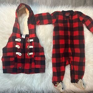 6 months baby vest and one piece footie plaid red and black